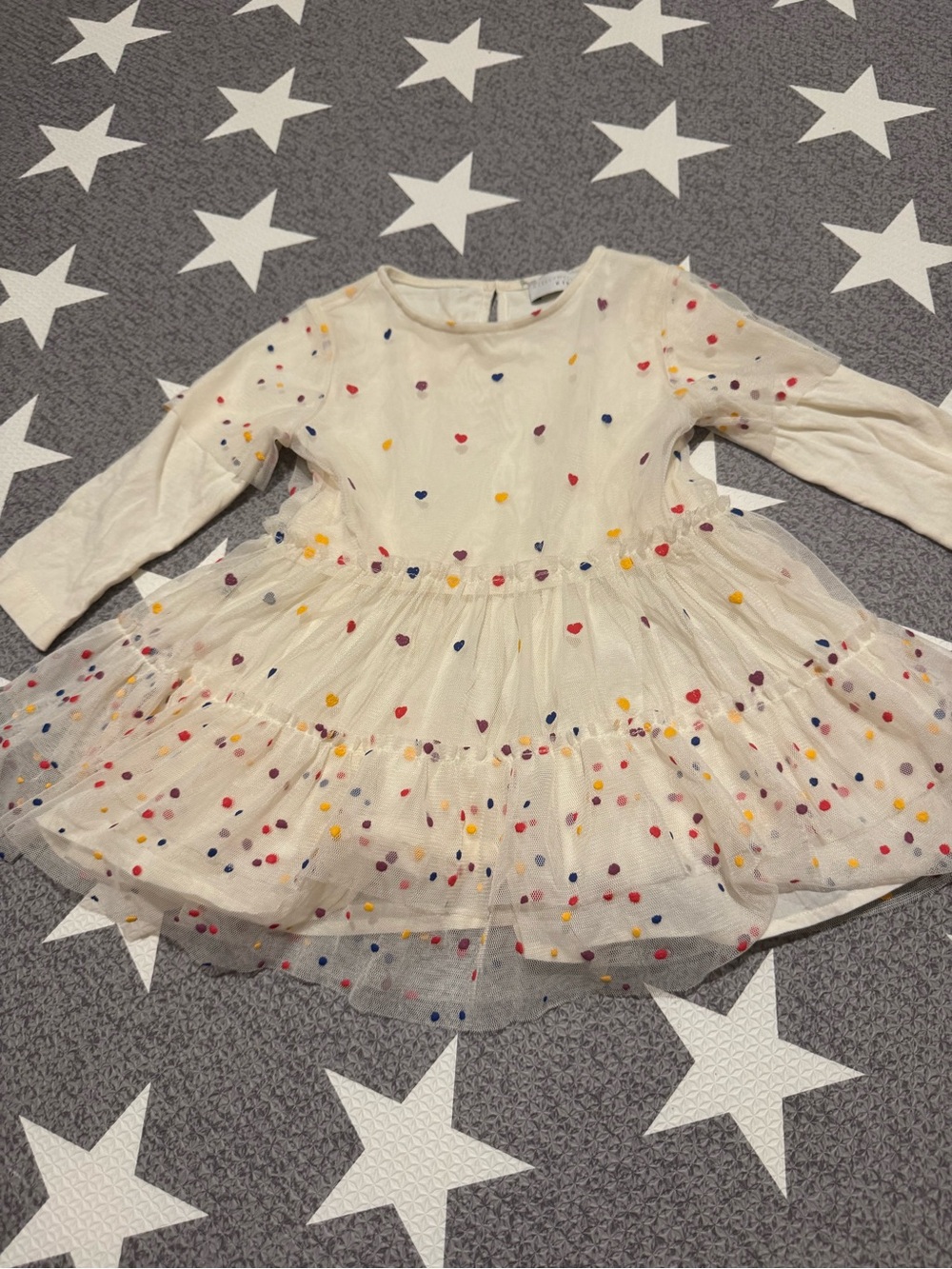 Stella McCartney Kids Cream Tulle Dress with Rainbow Dot Embroidery